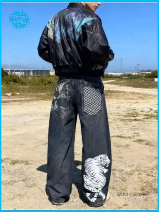 Unisex Y2K Graphic Print Baggy Jeans High Waist Wide Leg Streetwear Denim - Picture 6 of 7